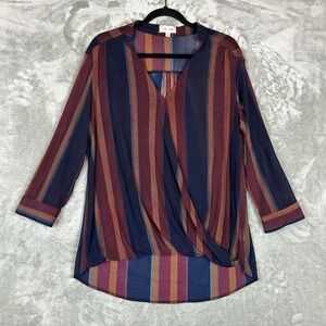 Bailey & Chloe Faux Wrap Top Women's M Blue Orange Burgundy Red Stripe Roll Tab